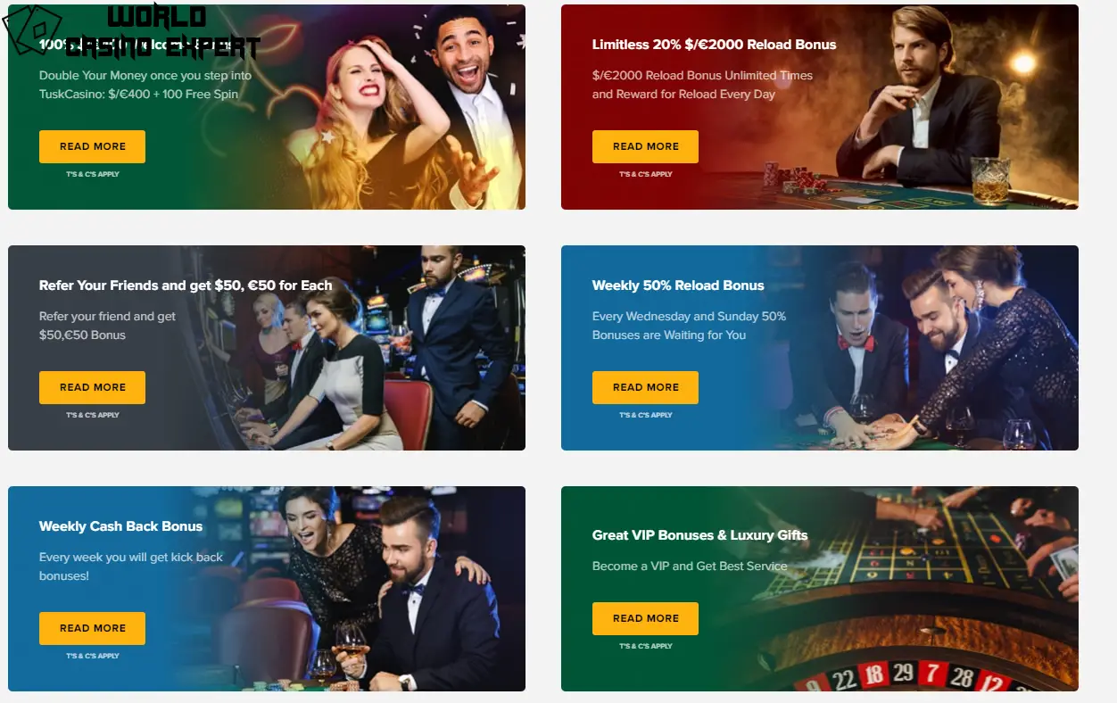 Bônus de boas-vindas & Promoções no Tusk Casino | World Casino Expert Brasil